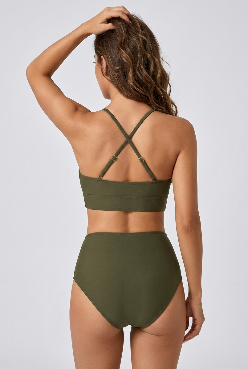Bikini a vita alta con zip frontale Verde Militare – vista laterale | Bella di Roma