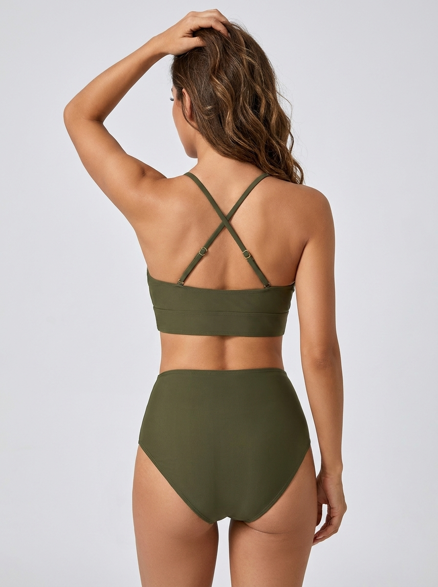 Bikini a vita alta con zip frontale Verde Militare – vista laterale | Bella di Roma