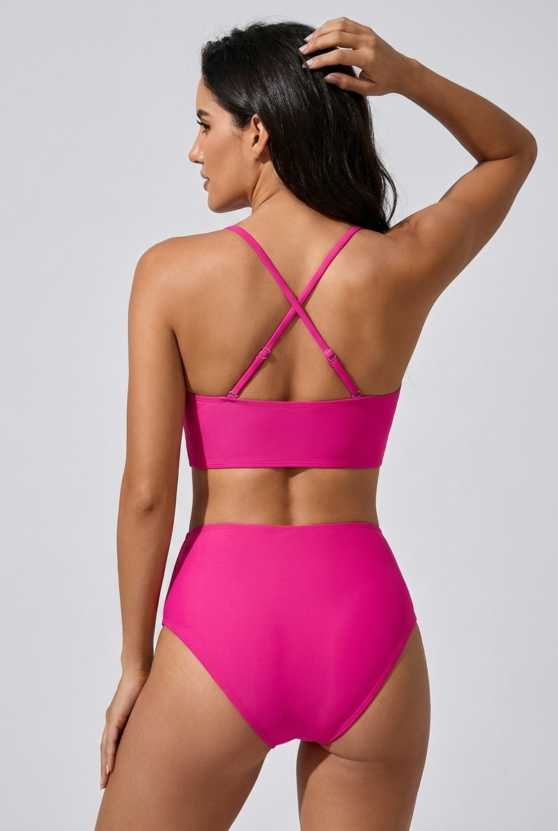 Bikini a vita alta con zip frontale Fucsia – vista posteriore | Bella di Roma