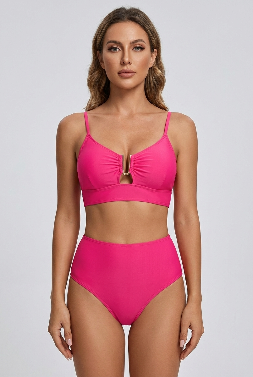 Bikini a vita alta con zip frontale Fucsia – vista frontale | Bella di Roma