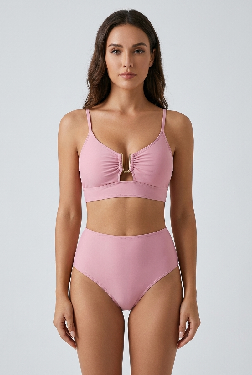 Bikini a vita alta con zip frontale Rosa – vista frontale | Bella di Roma
