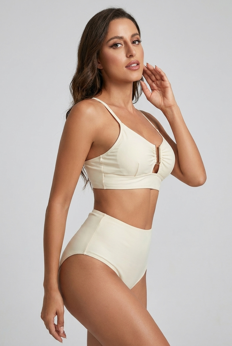 Bikini a vita alta con zip frontale Crema – vista laterale | Bella di Roma
