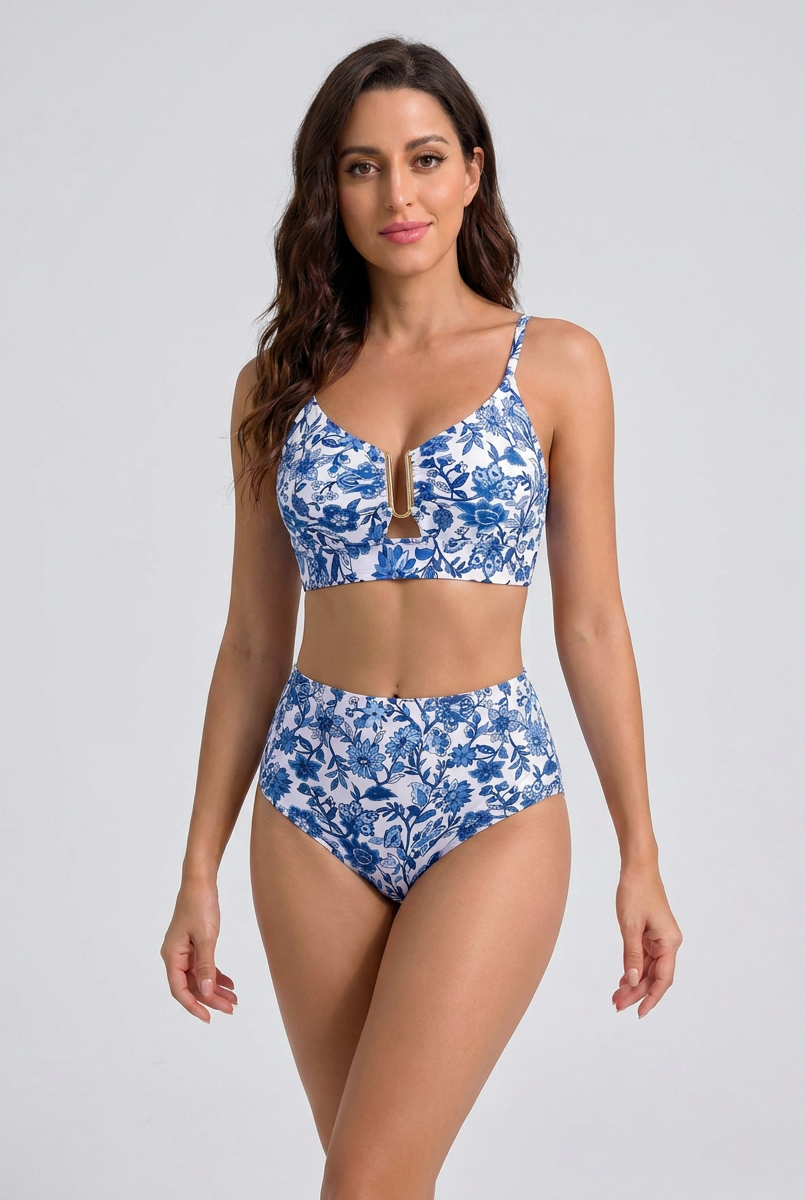 Bikini vita alta Blu Floreale – vista frontale obliqua | Bella di Roma