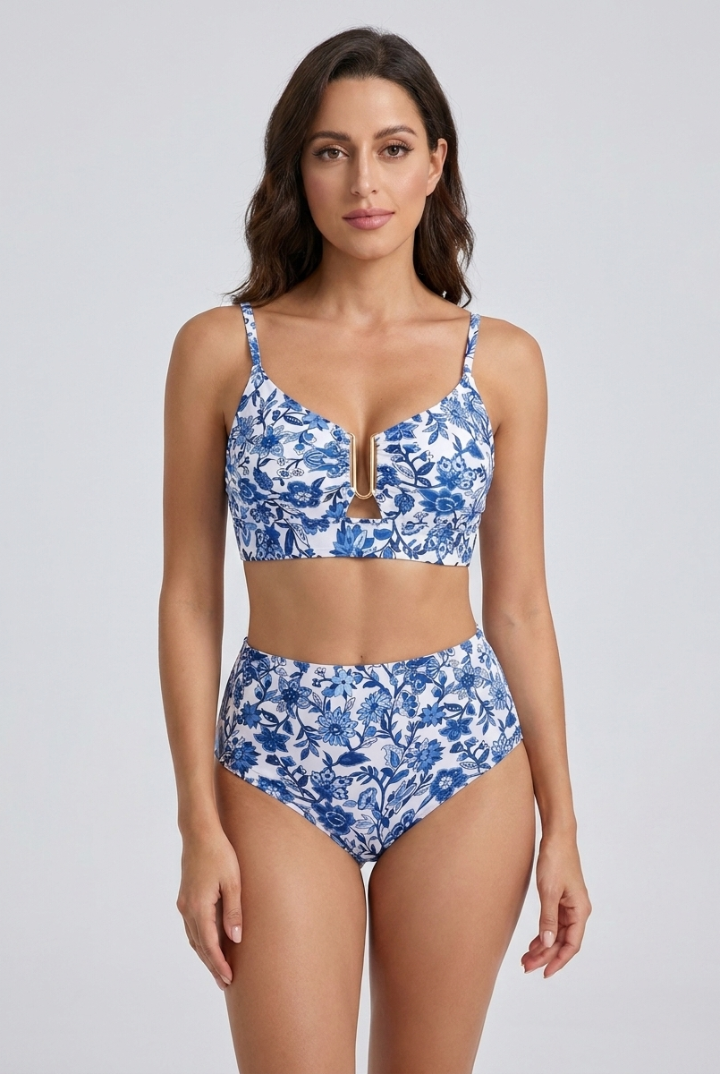 Bikini vita alta Blu Floreale – vista frontale | Bella di Roma
