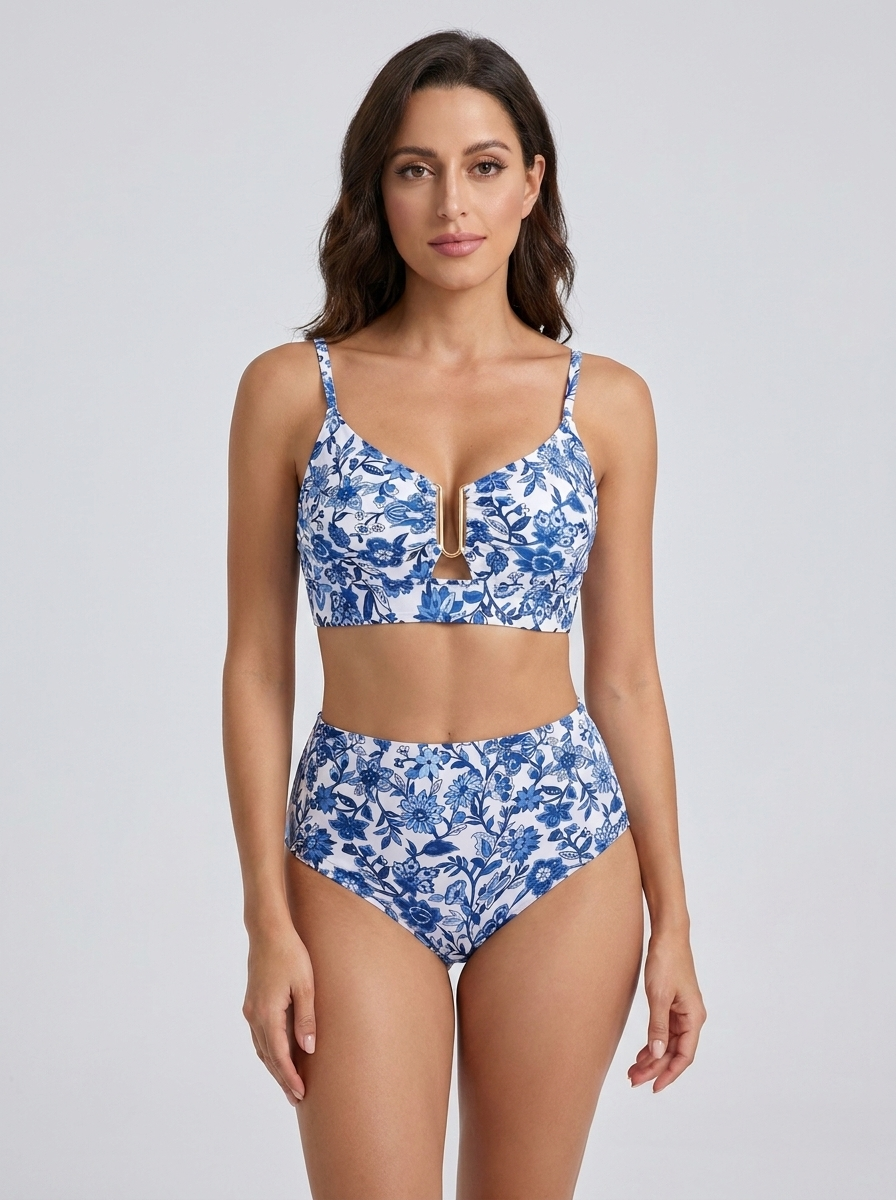 Bikini vita alta Blu Floreale – vista frontale | Bella di Roma