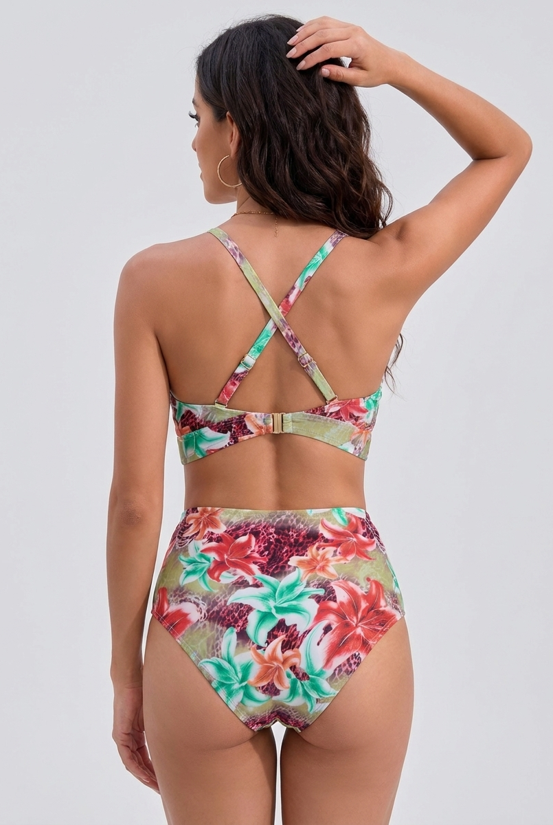 Bikini vita alta Verde Floreale – vista posteriore | Bella di Roma