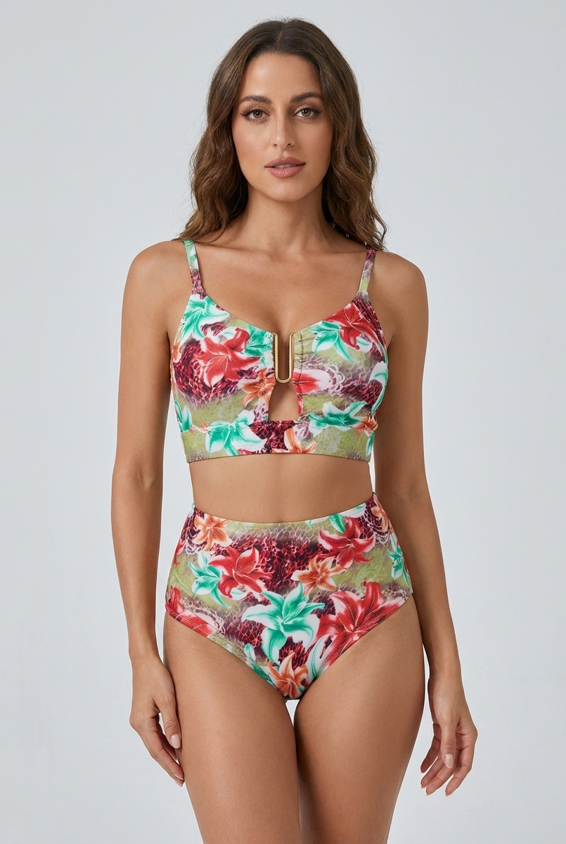 Bikini vita alta Verde Floreale – vista frontale | Bella di Roma