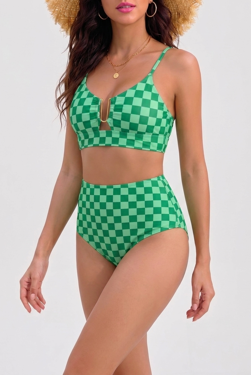 Bikini vita alta Verde a Quadretti – vista frontale obliqua | Bella di Roma
