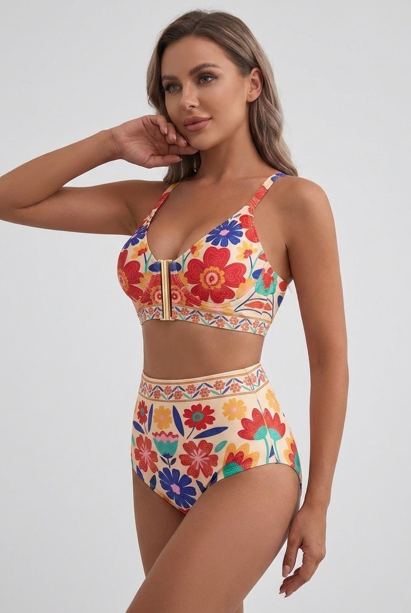 Bikini vita alta Rosso Floreale – vista laterale | Bella di Roma