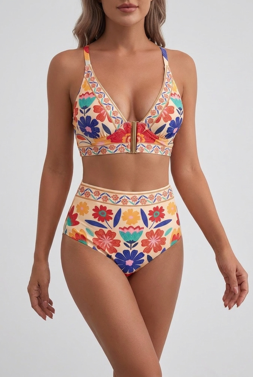 Bikini vita alta Rosso Floreale – vista frontale obliqua | Bella di Roma