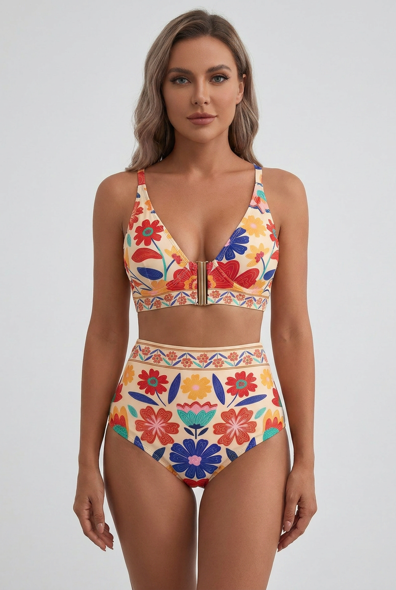 Bikini vita alta Rosso Floreale – vista frontale | Bella di Roma