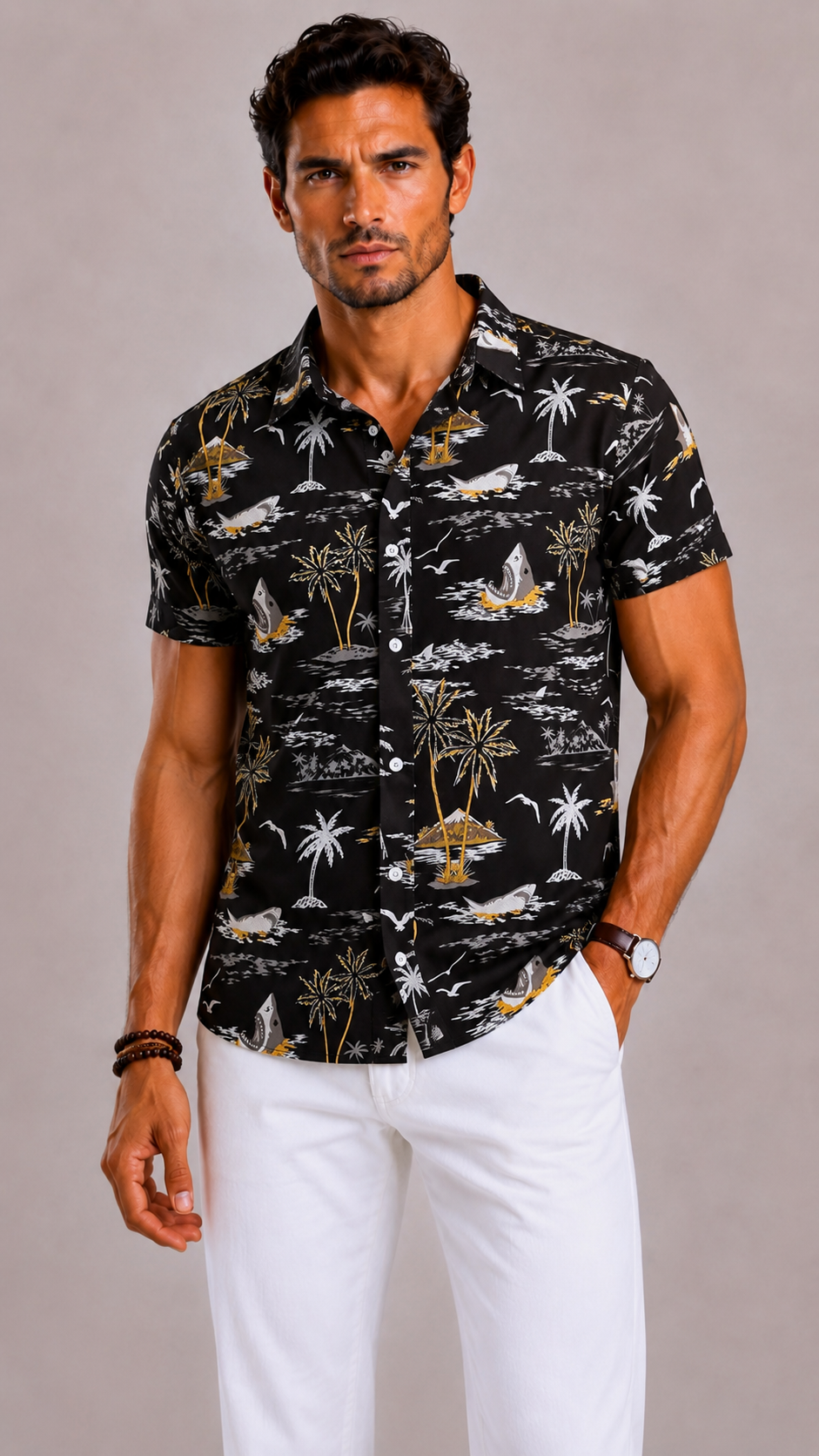 Camicia Uomo con Stampa Foglia Tropicale a Maniche Corte | Bella di Roma