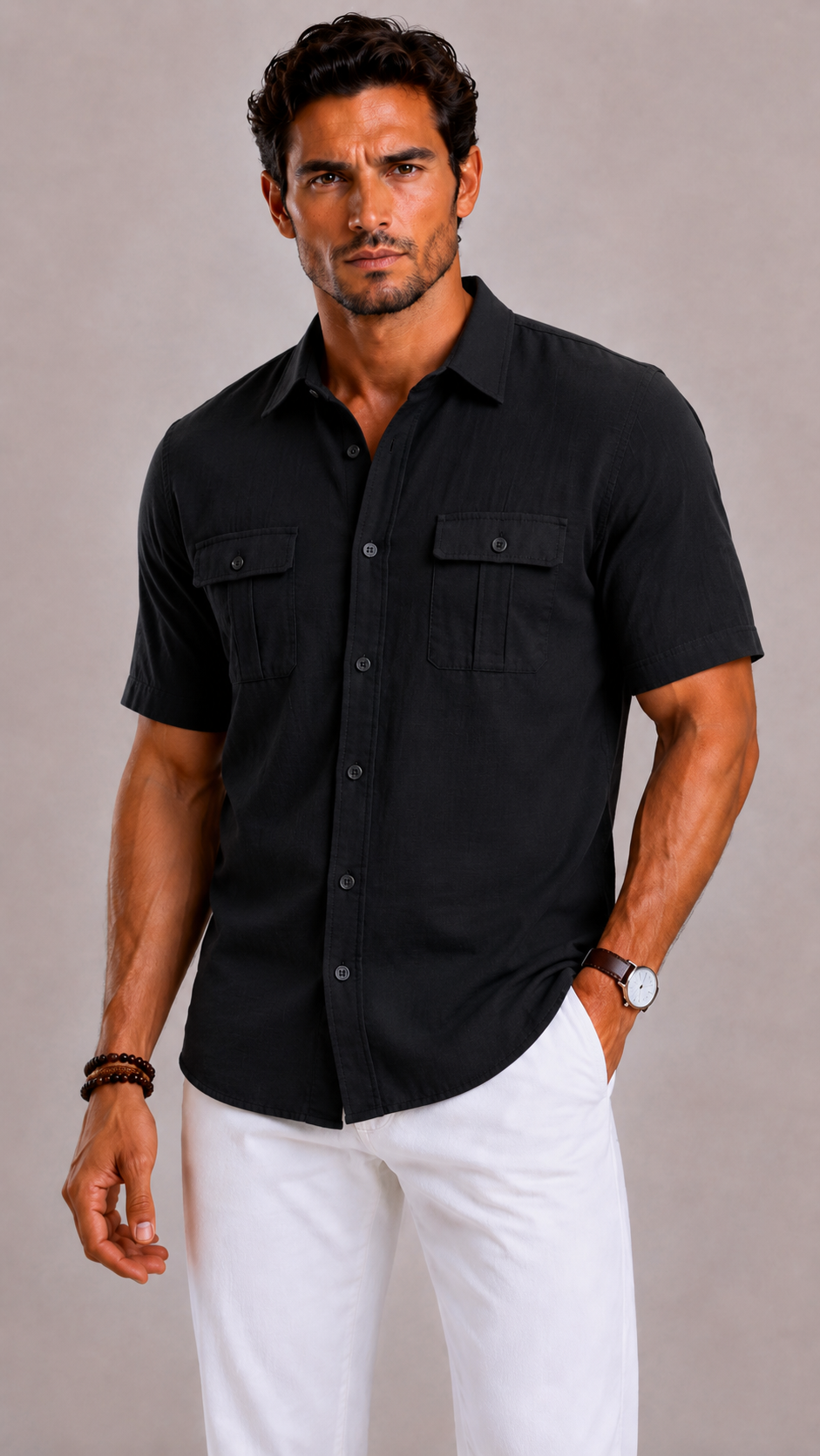 Camicia Uomo a Maniche Corte con Doppie Tasche sul Petto | Bella di Roma