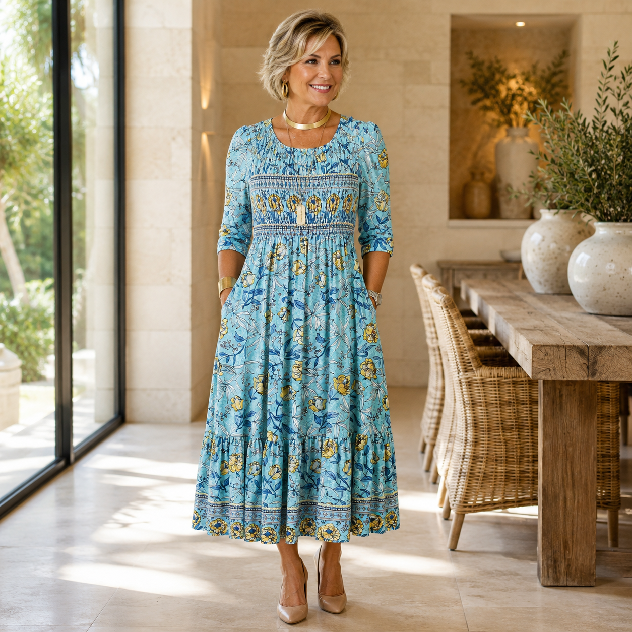 Abito midi dorato a fiori con corpetto smock elasticizzato