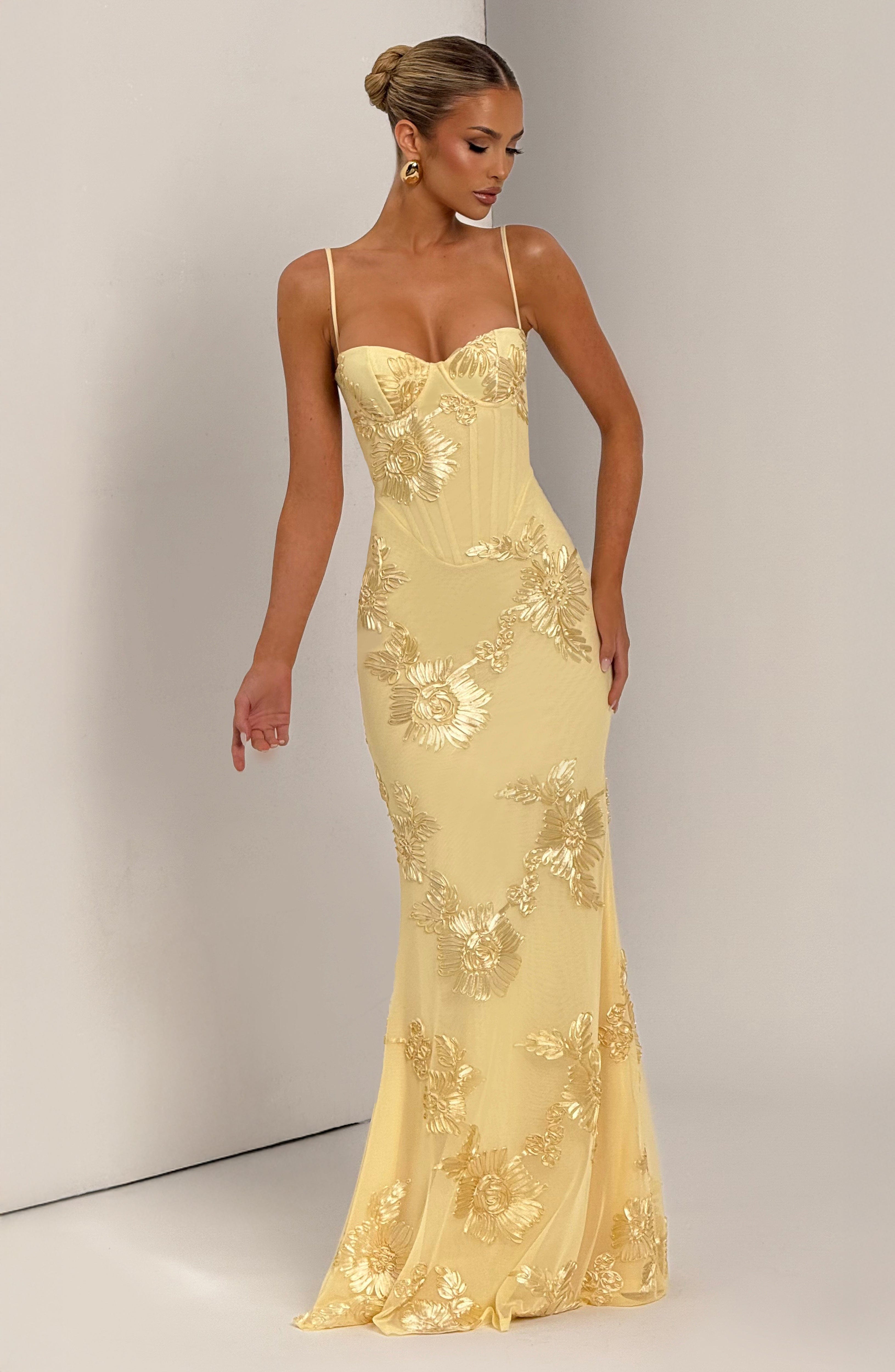 Abito maxi Mirelle limone Bella di Roma – vista laterale