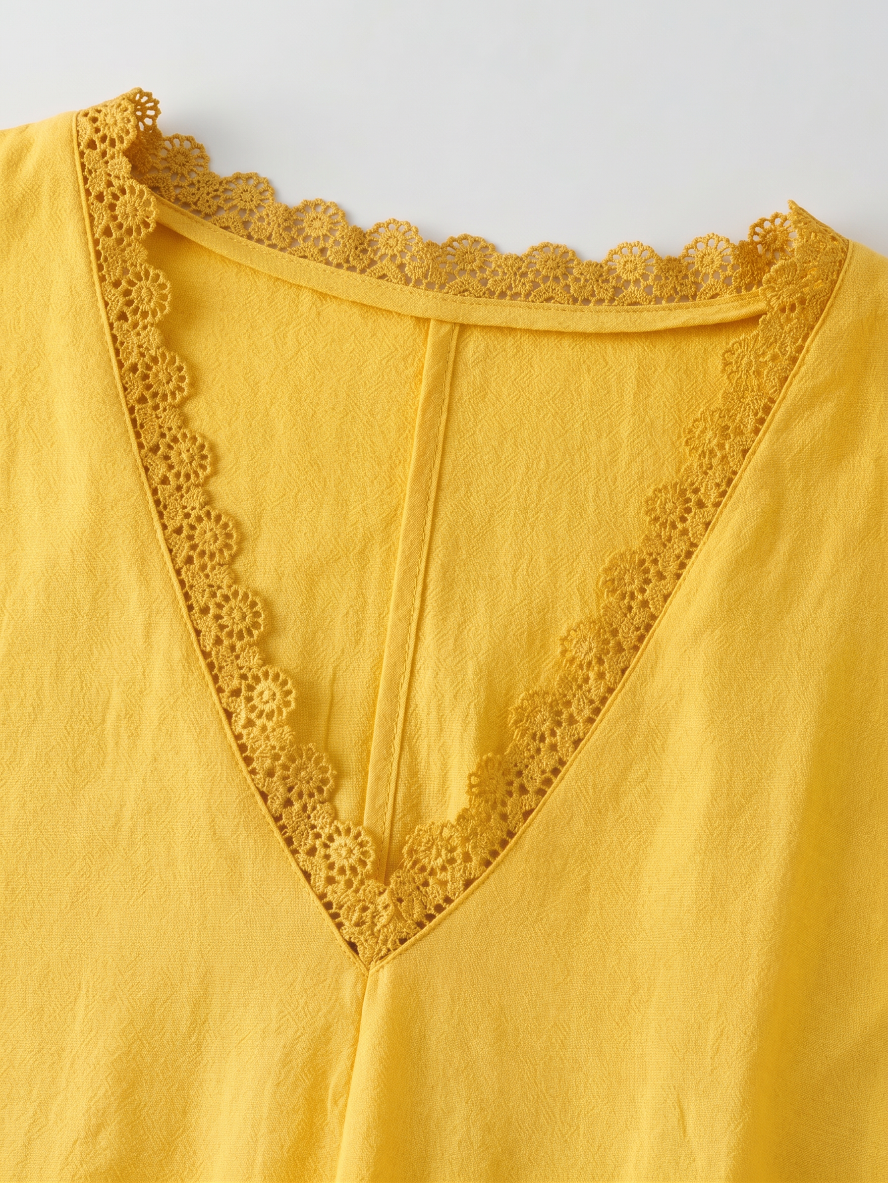 Dettaglio dello scollo a V con volant del vestito giallo