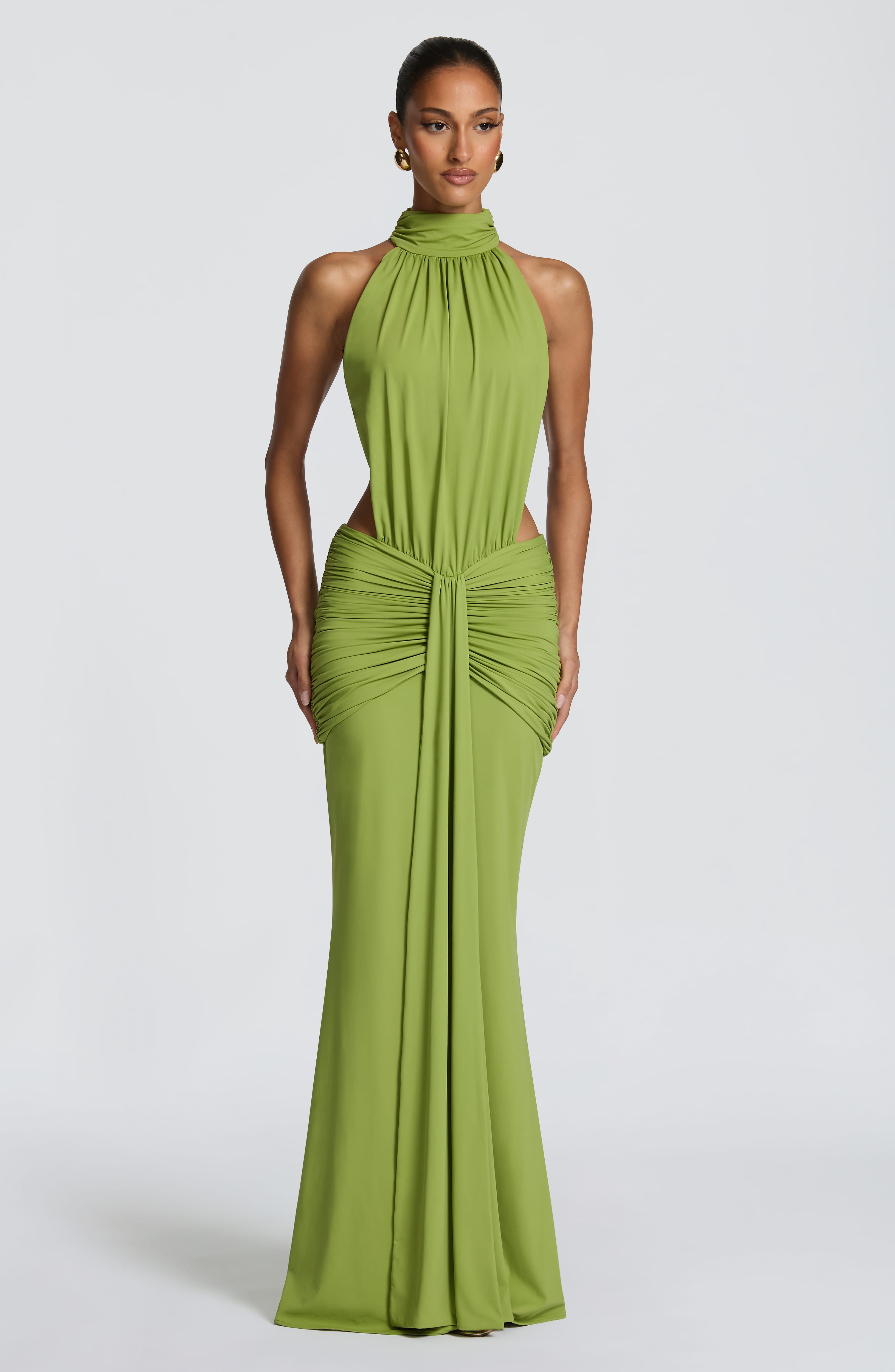 Abito maxi Josephine collo alto verde oliva Bella di Roma – vista frontale