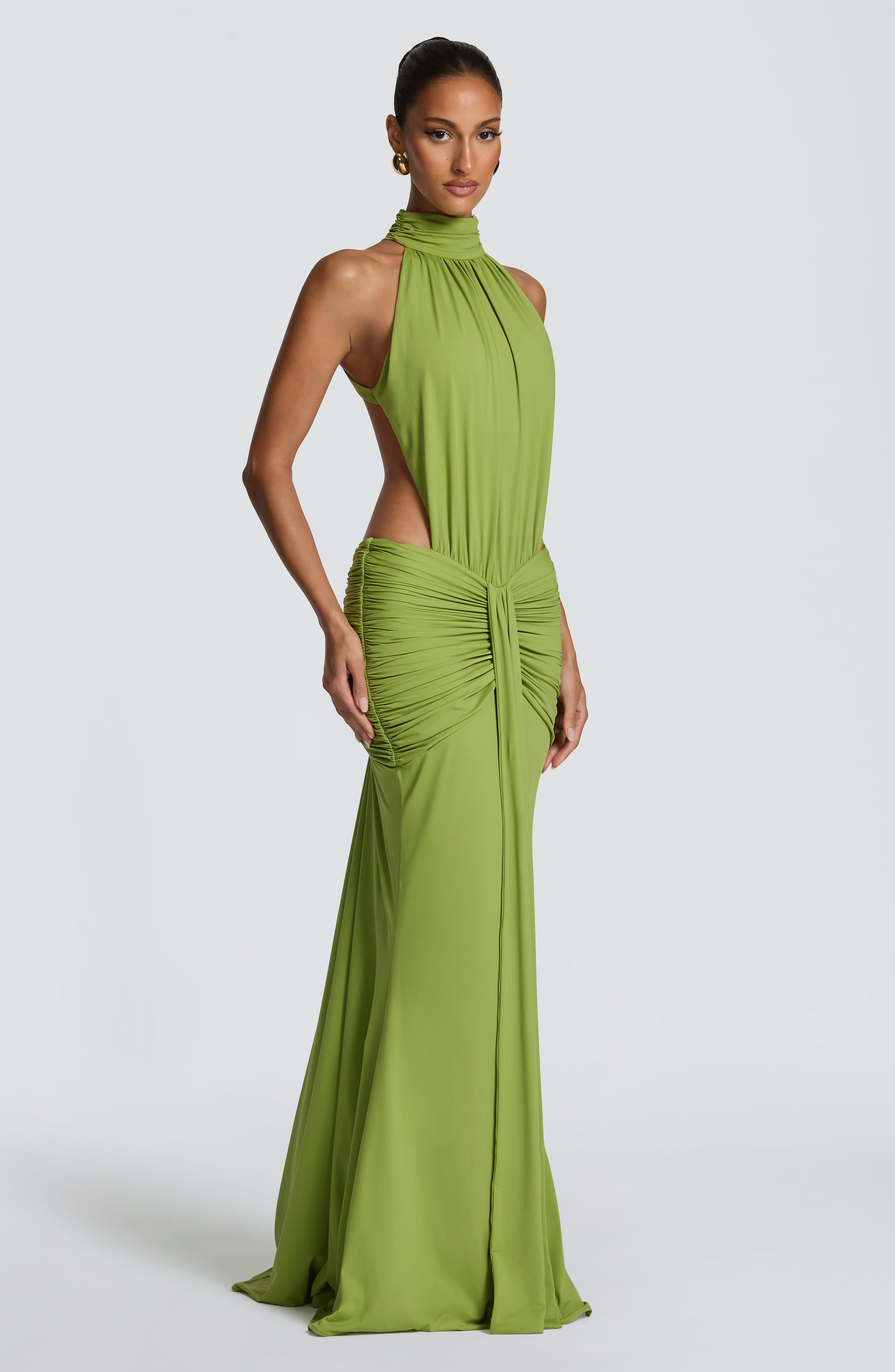 Abito maxi Josephine collo alto verde oliva Bella di Roma – gonna a sirena