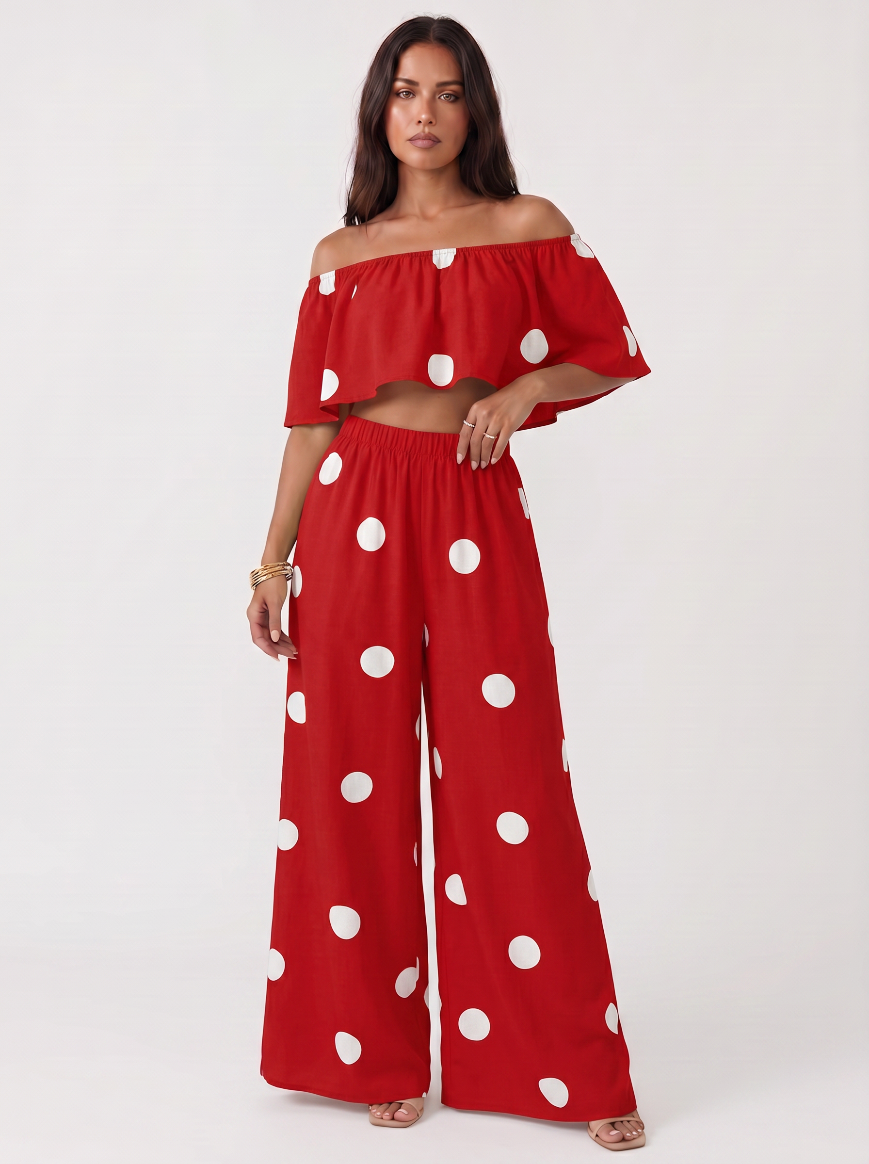 Completo due pezzi a pois Sofia rosso con pois bianchi | Bella di Roma