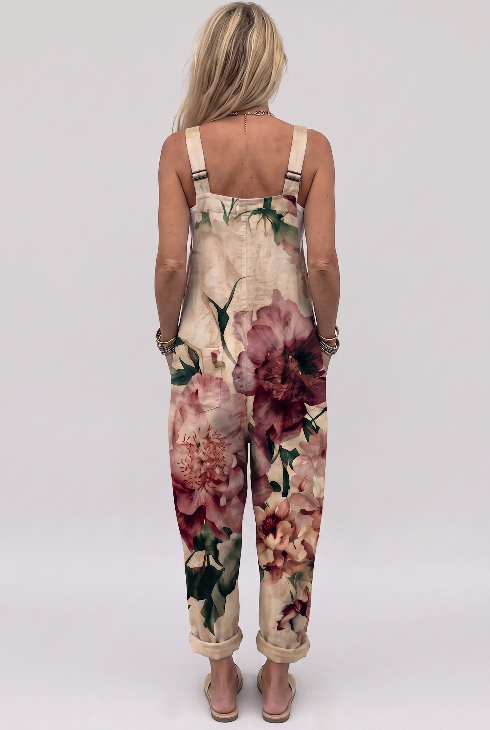 Salopette con Stampa Peonie Rosa e Bordeaux – vista laterale | Bella di Roma