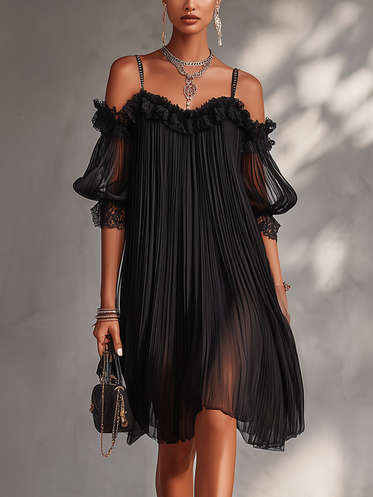Abito corto Livia in chiffon nero con spalle scoperte e volant sulla gonna