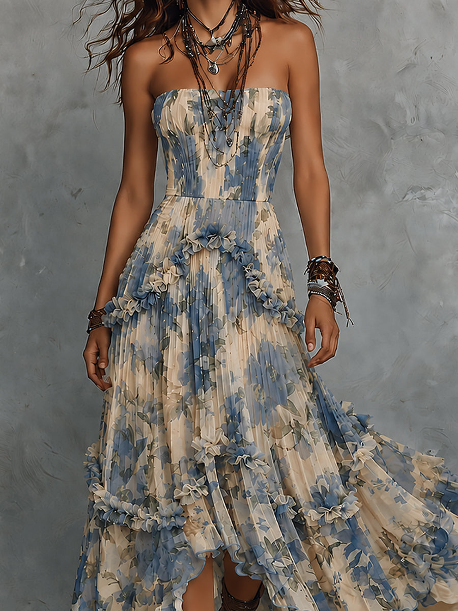Abito lungo in chiffon blu, dettaglio del corpetto a cuore con volant