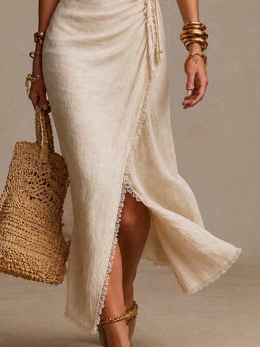 Abito lungo beige effetto lino con spacco laterale