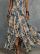 Abito lungo in chiffon blu con stampa retrò, vista intera