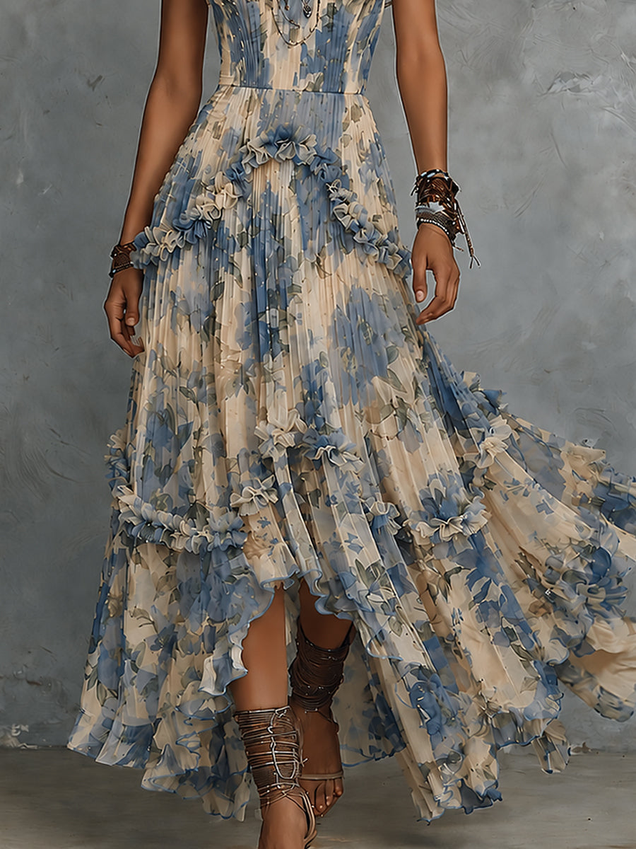 Abito lungo in chiffon blu con stampa retrò, vista intera