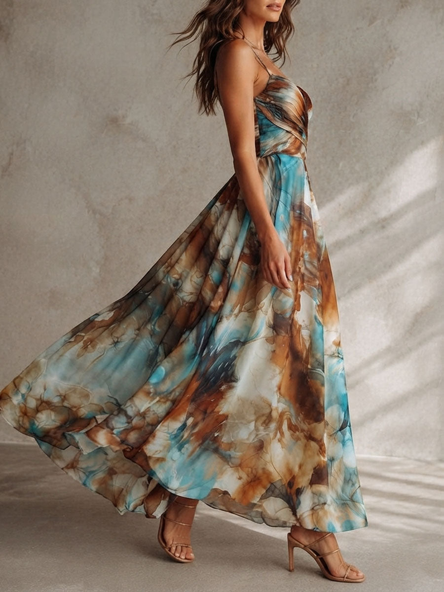 Abito lungo ambra in chiffon, vista intera