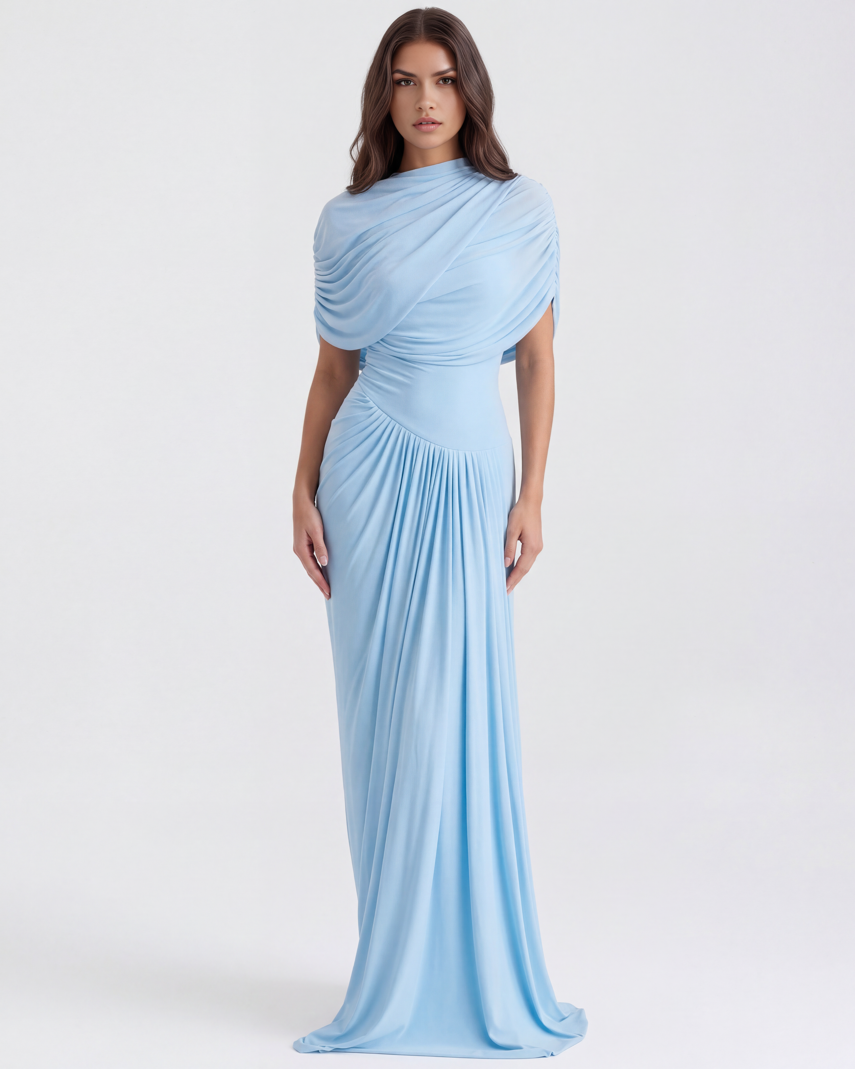 Abito maxi Camilla blu baby scialle drappeggiato Bella di Roma – vista frontale