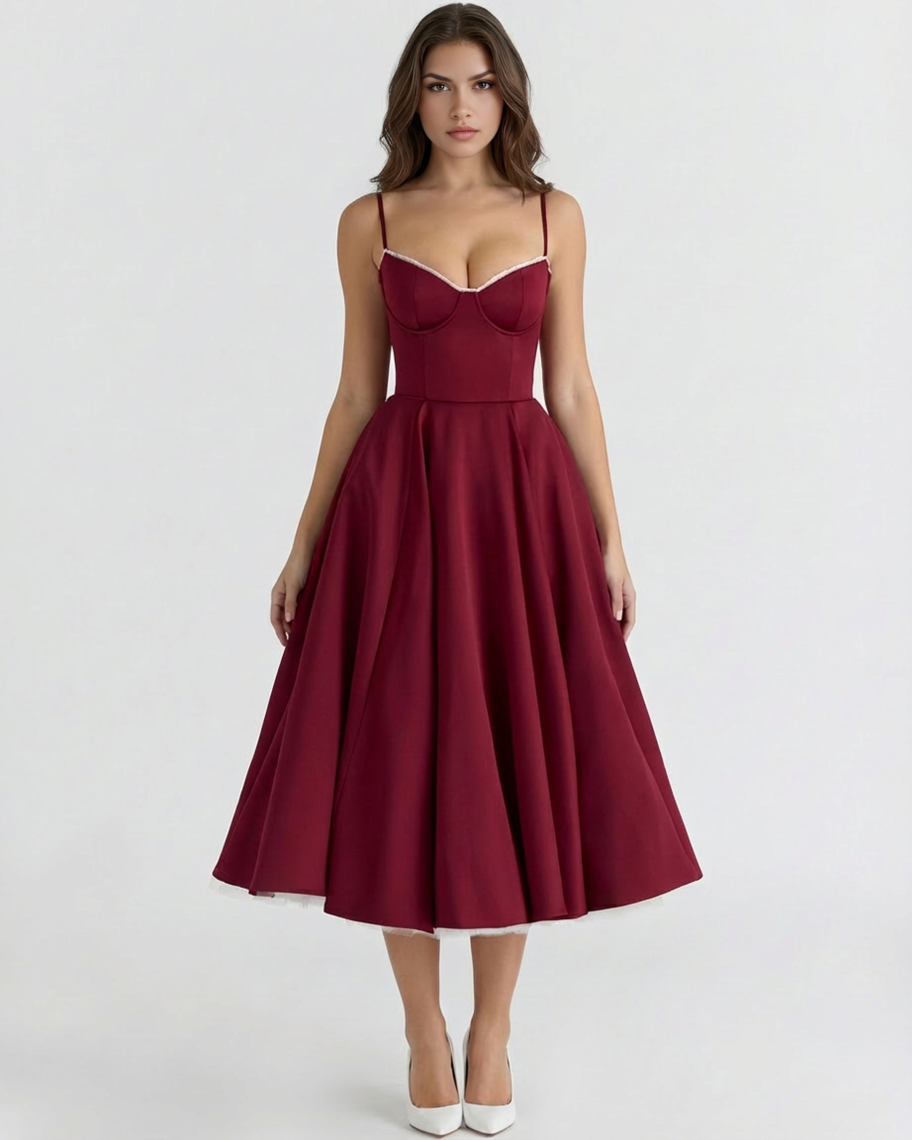 Abito midi Selene bordeaux gonna tulle Bella di Roma – vista frontale