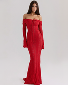 Abito maxi Alessandra rosso pizzo off-shoulder Bella di Roma – vista frontale