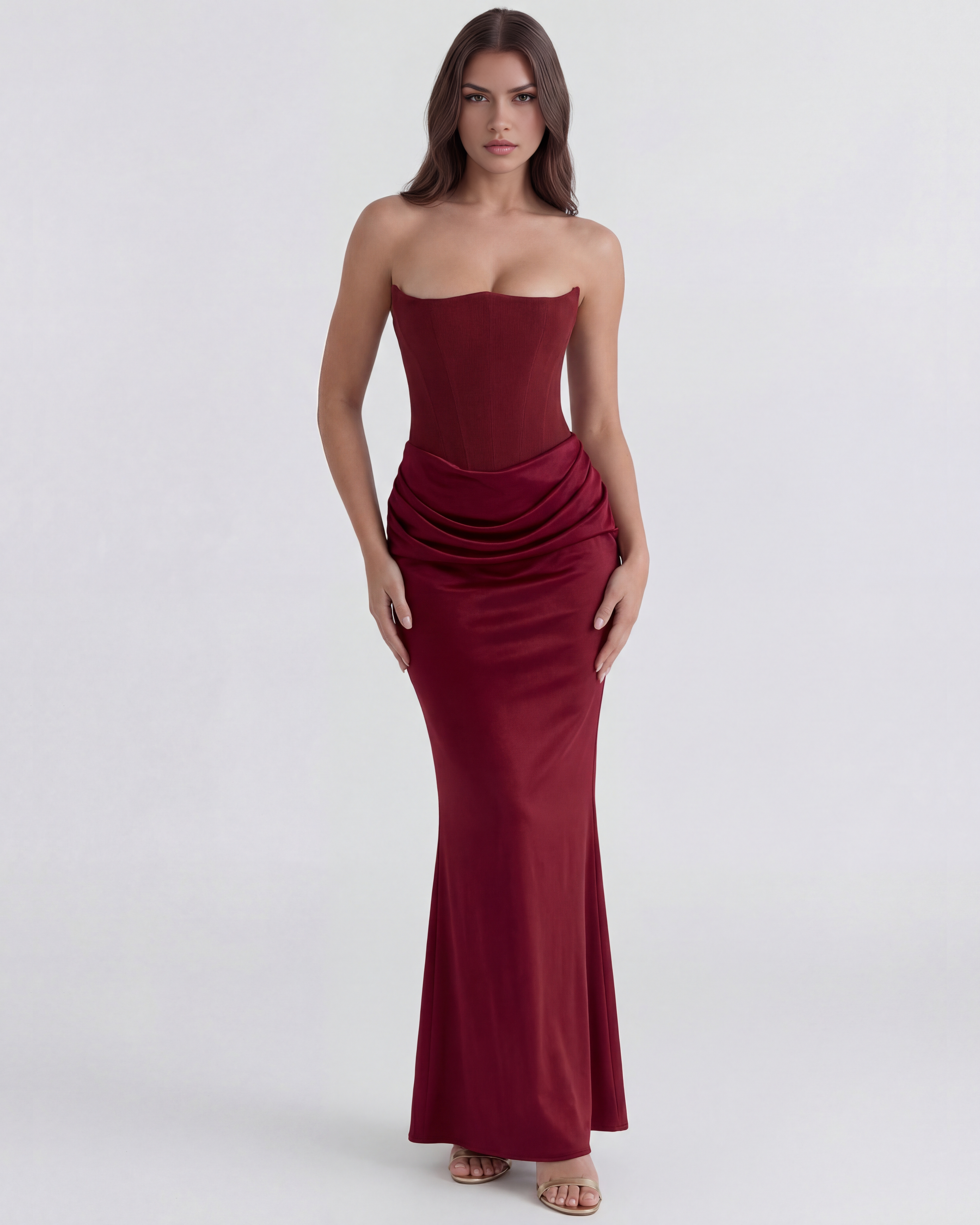 Abito maxi Rosalind corsetto borgogna Bella di Roma – vista frontale