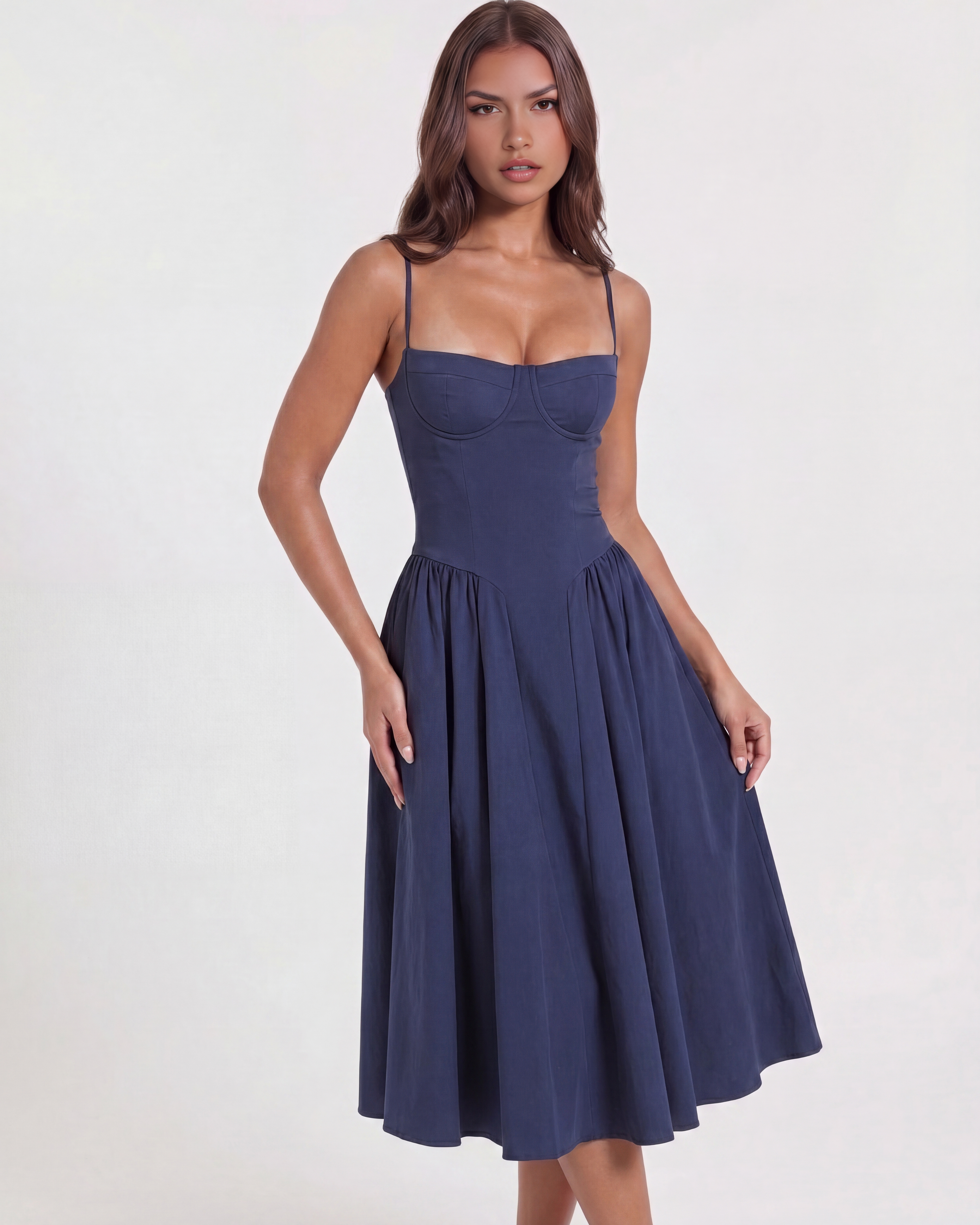 Abito midi Francesca twill blu navy Bella di Roma – scollo cuore coppe