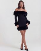 Abito mini Bella off-shoulder pelliccia nero Bella di Roma – vista frontale