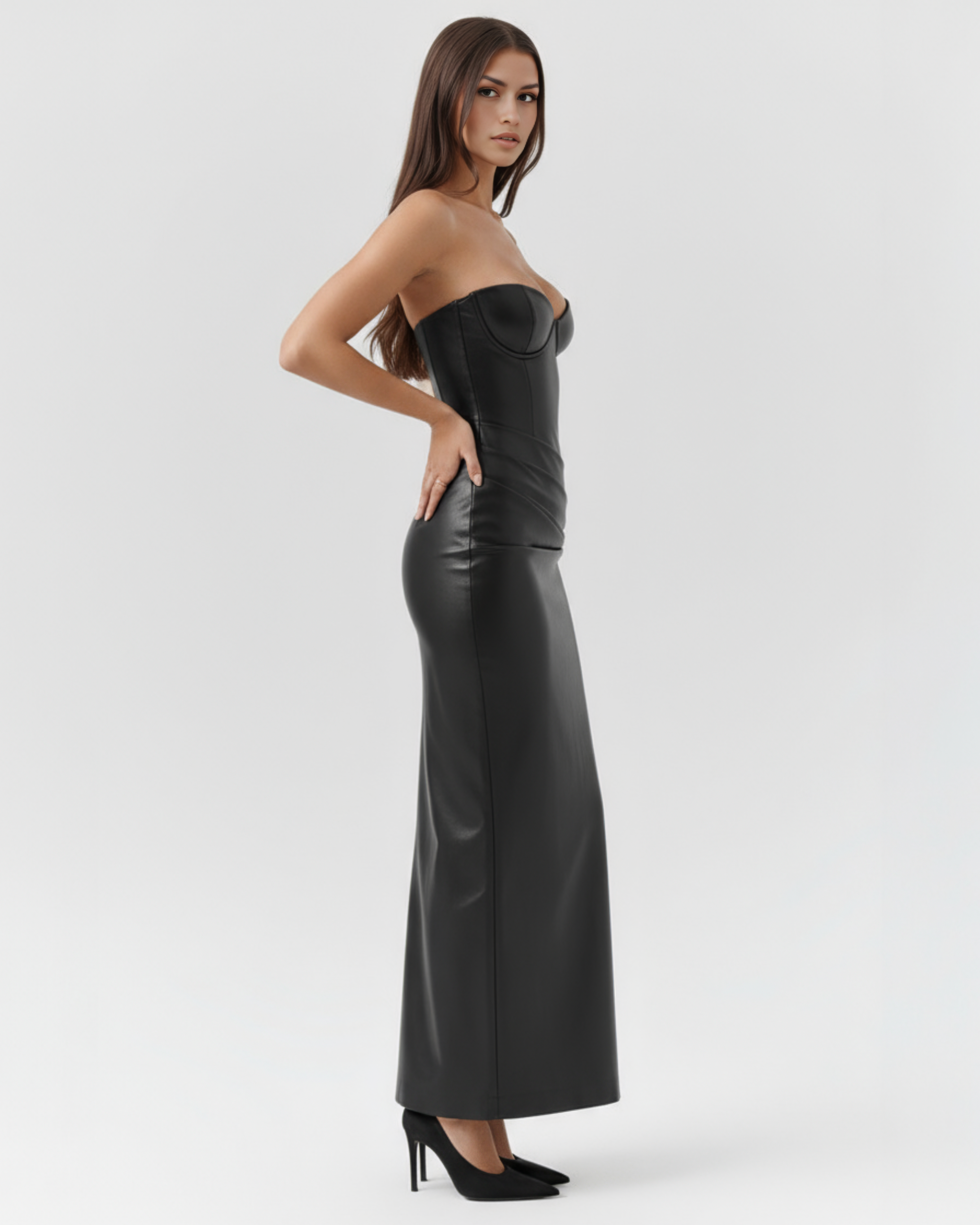 Abito midi Vanessa nero pelle vegana Bella di Roma – look cocktail gala