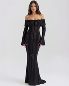 Abito maxi Alessandra nero pizzo off-shoulder Bella di Roma – vista frontale