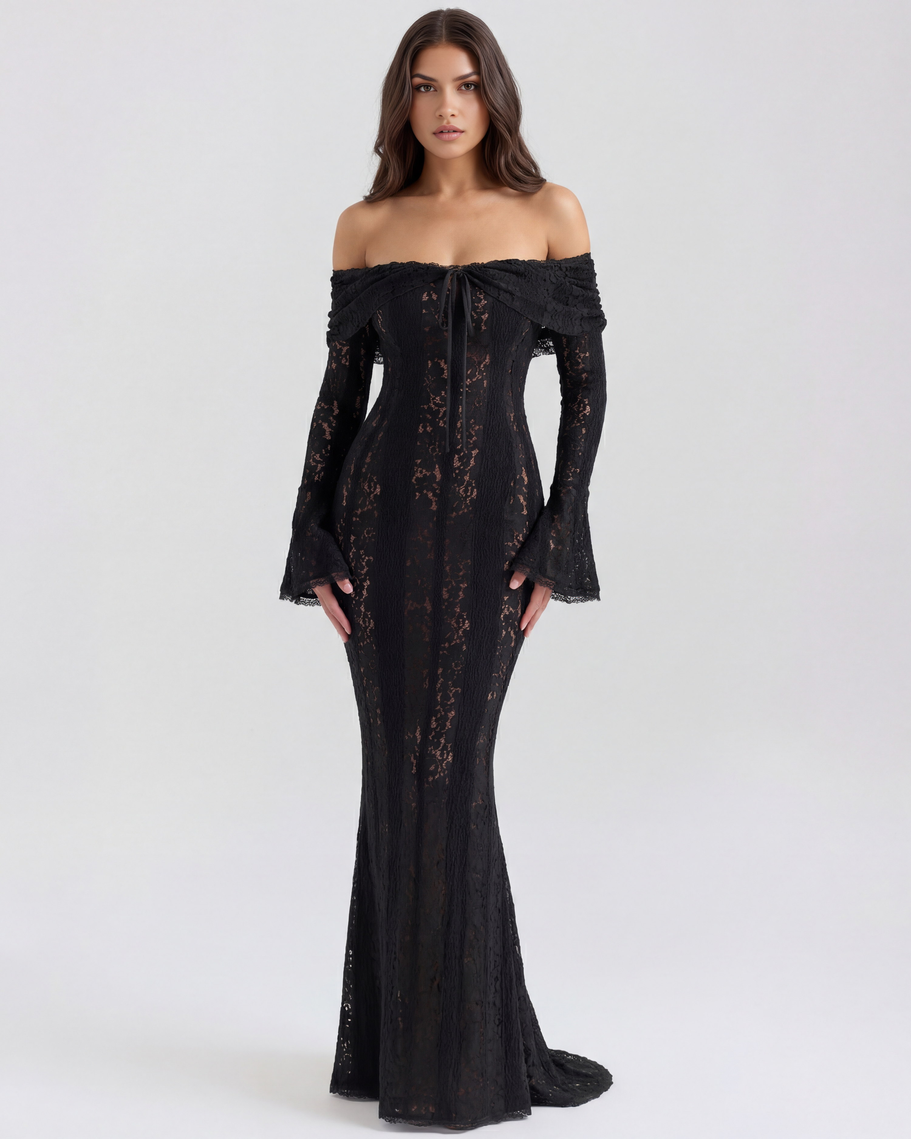 Abito maxi Alessandra nero pizzo off-shoulder Bella di Roma – vista frontale