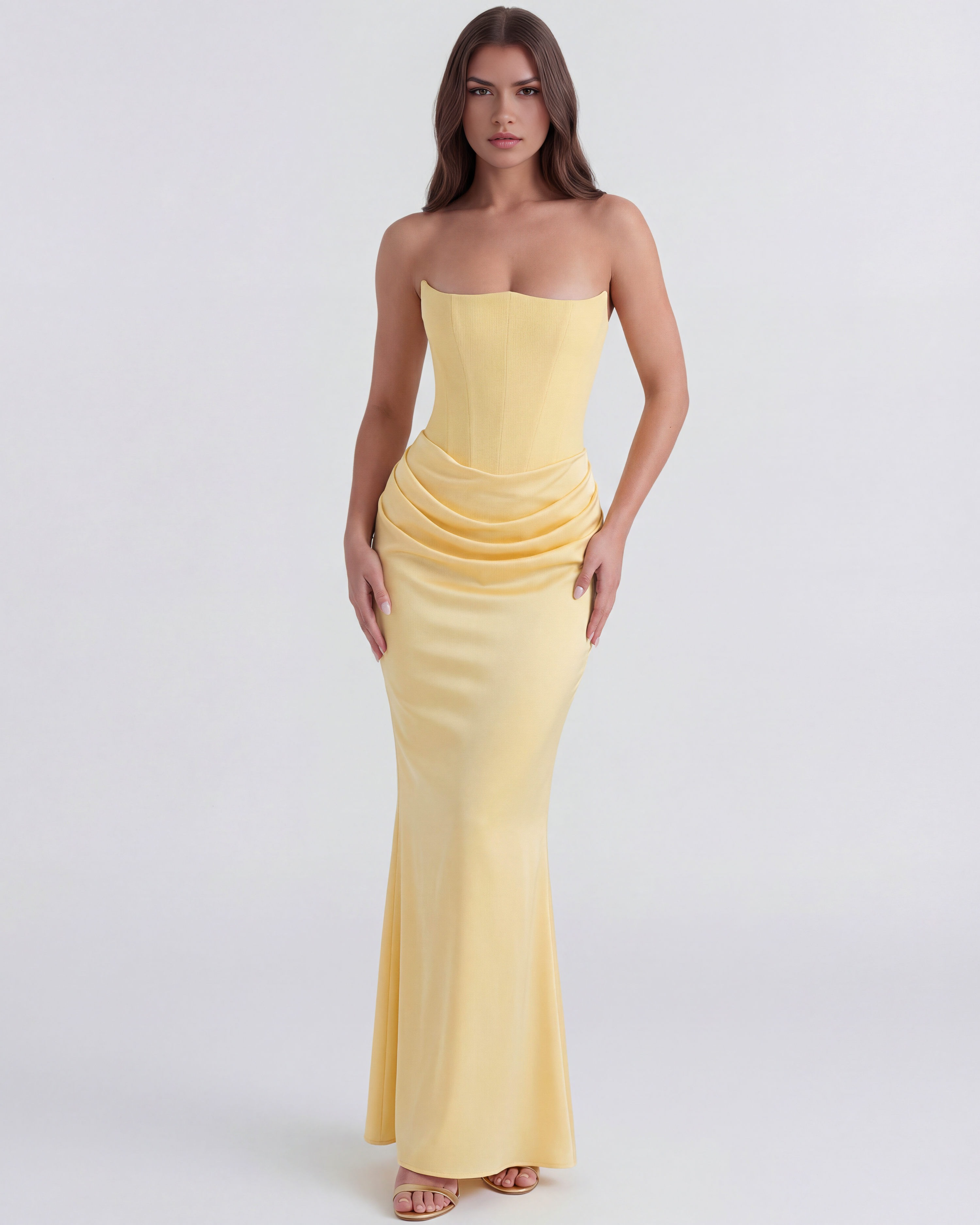 Abito Midi Rosalind Giallo Burro Corsetto Bella di Roma – vista frontale