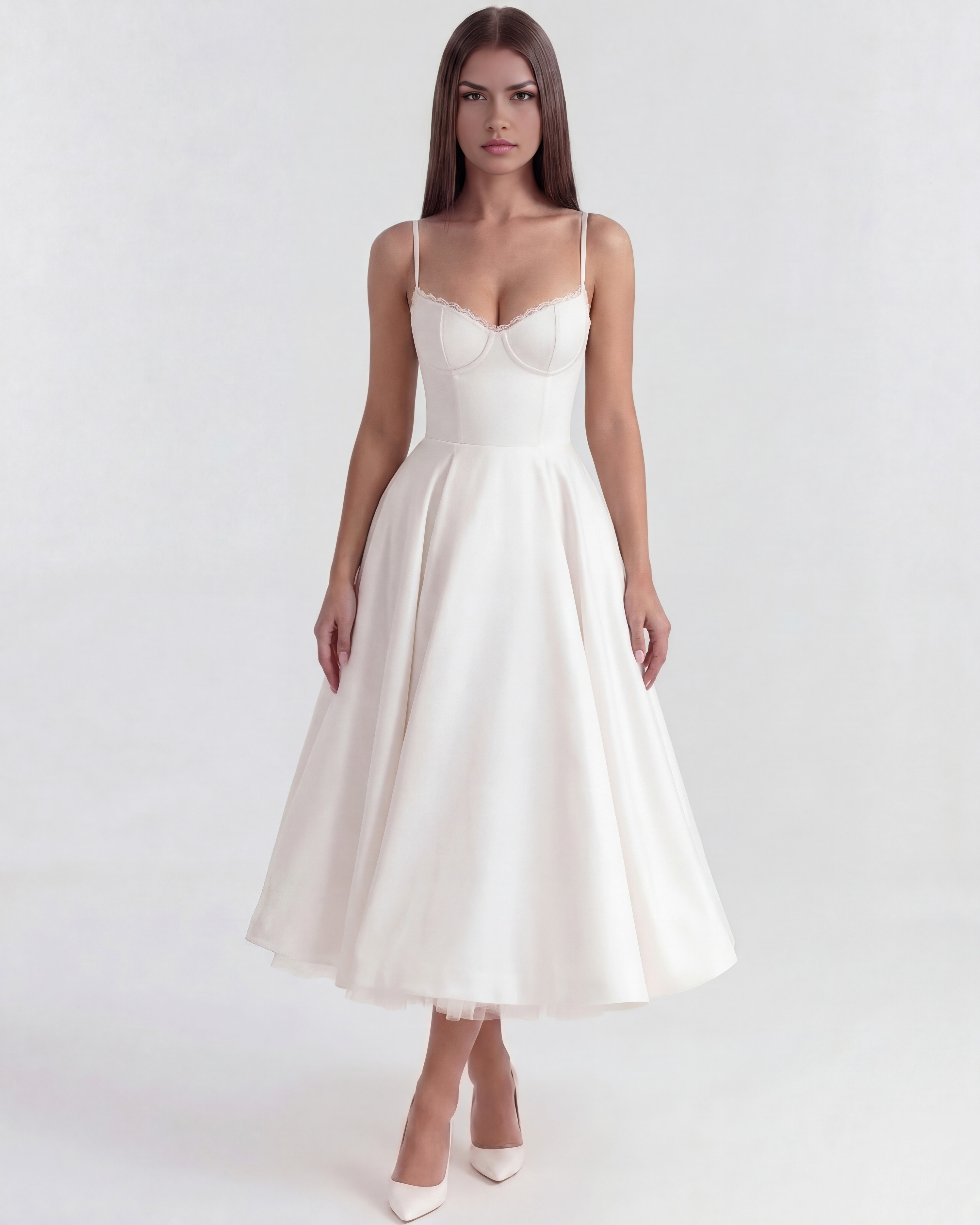 Abito midi Selene bianco satin tulle Bella di Roma – vista frontale