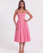 Abito midi Francesca twill rosa Bella di Roma – corpetto strutturato