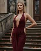 Abito maxi Ariel borgogna strascico Bella di Roma – taglie XS-XL