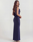 Abito Maxi Zaffiro Blu Scuro Satin Bella di Roma – vista frontale