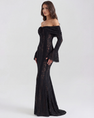 Abito maxi Alessandra nero pizzo off-shoulder Bella di Roma – pizzo floreale nero
