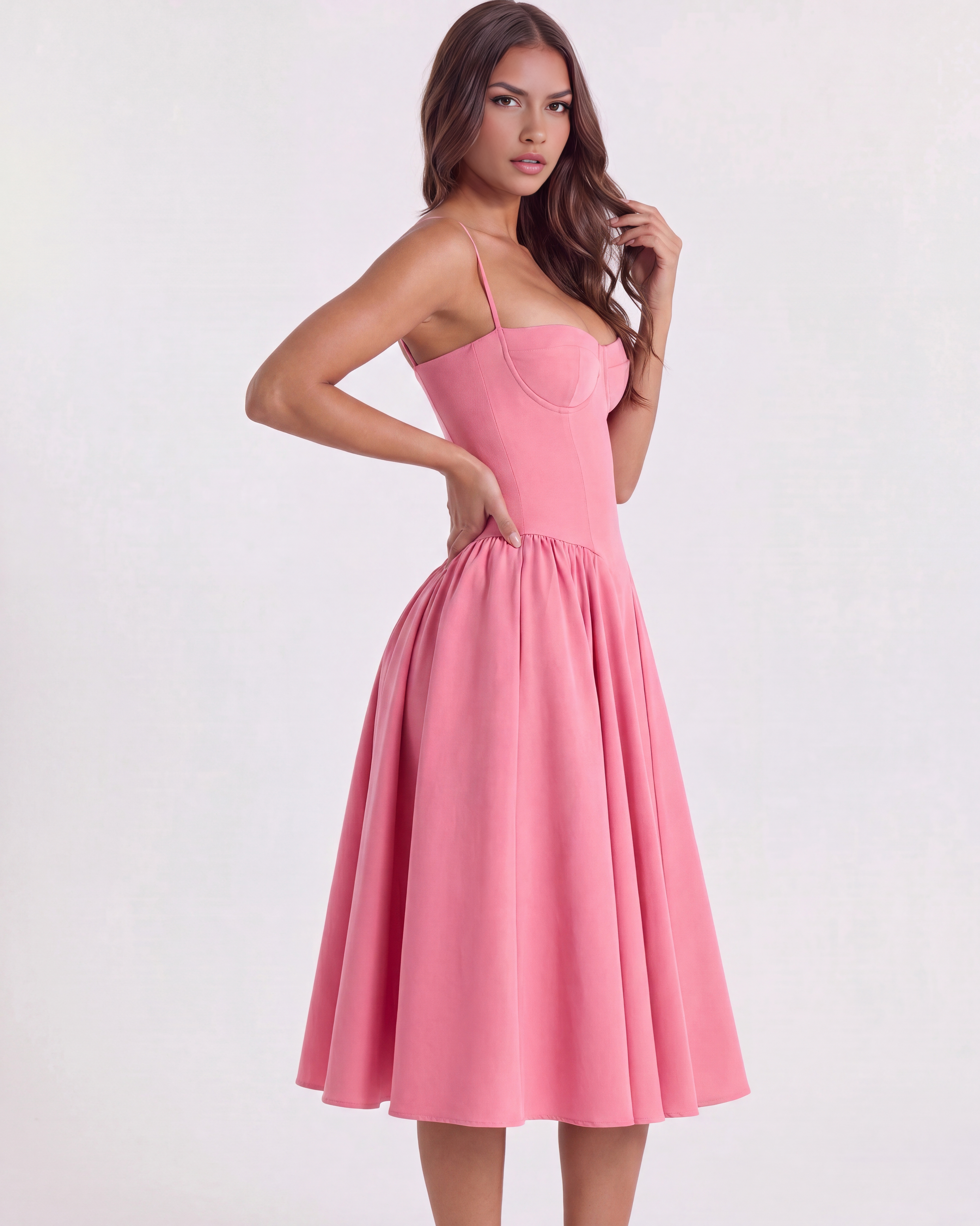 Abito midi Francesca twill rosa Bella di Roma – corpetto rinforzato