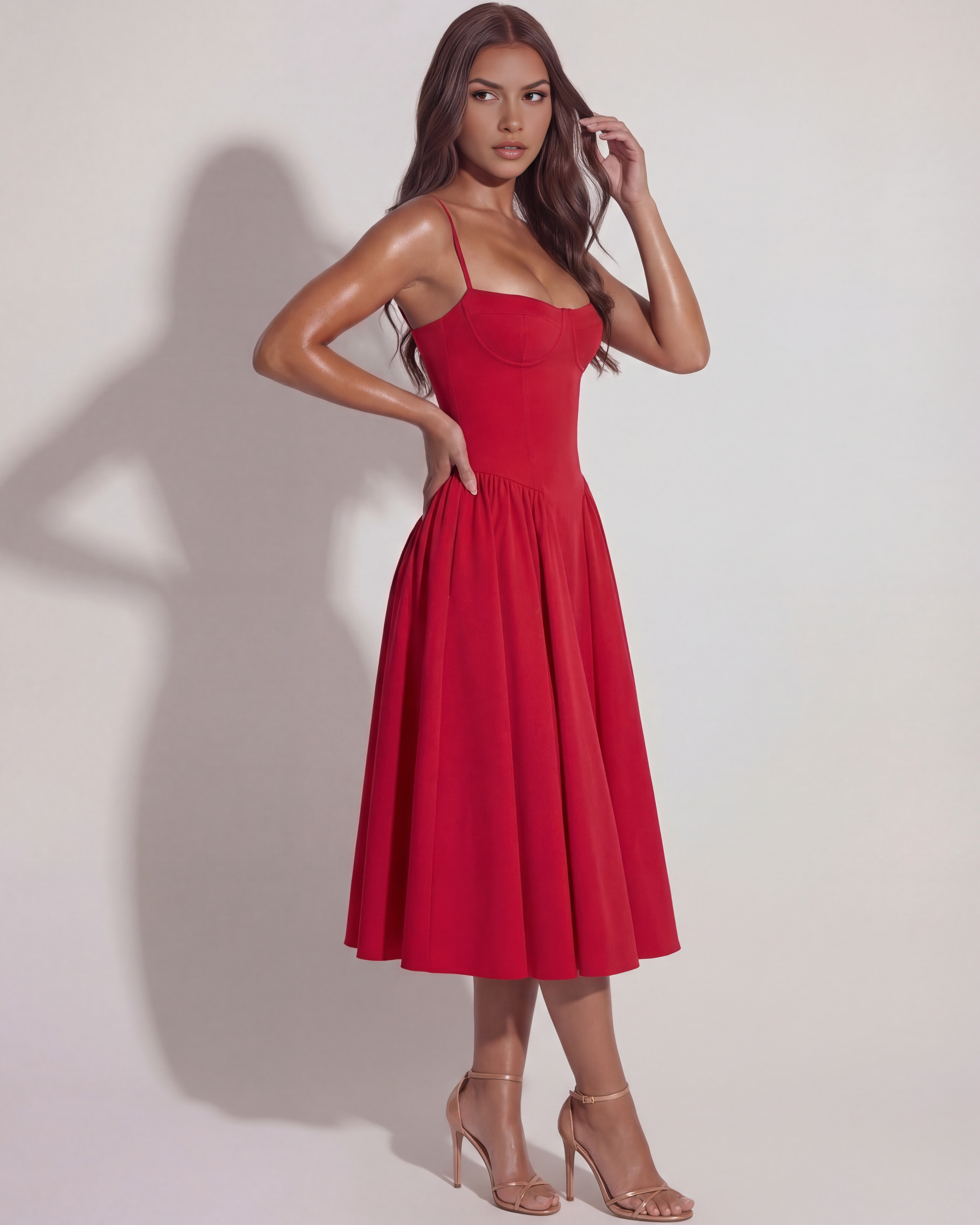 Abito midi Francesca twill rosso Bella di Roma – corpetto cuore imbottito