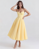 Abito midi Selene giallo burro satin tulle Bella di Roma – fodera completa