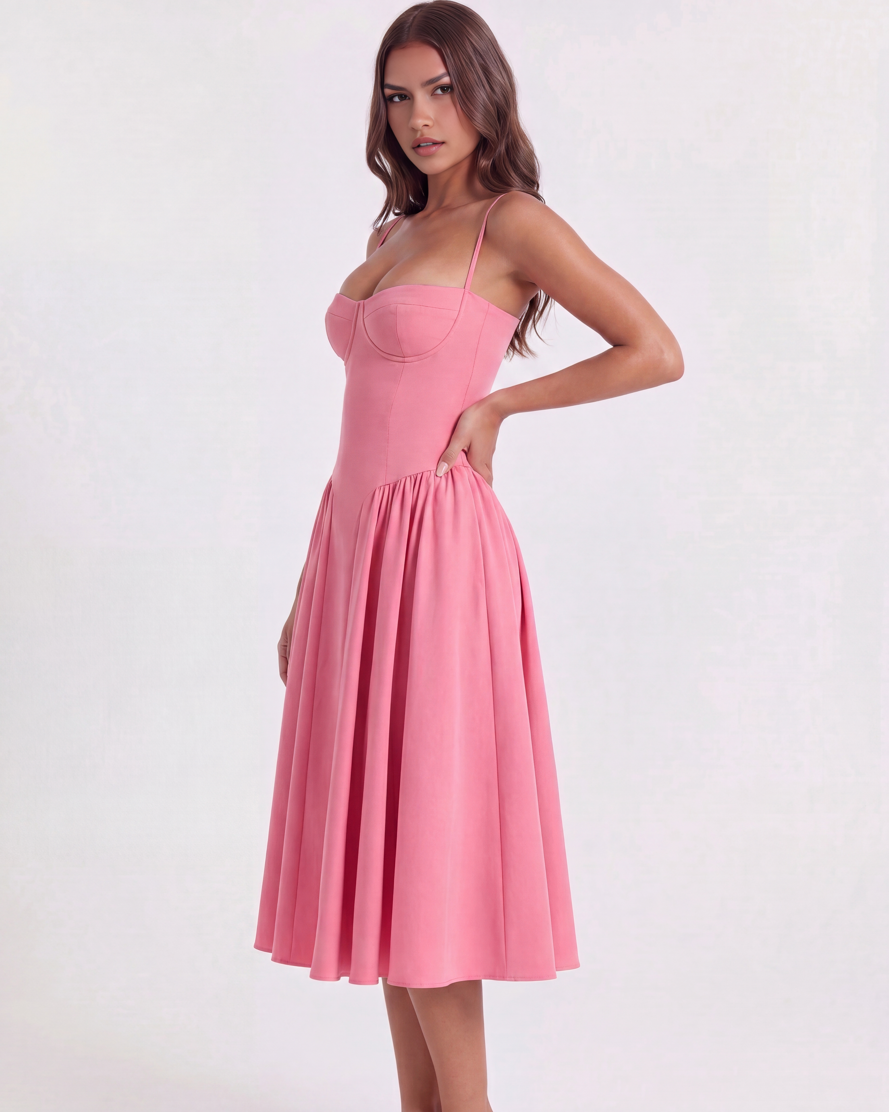 Abito midi Francesca twill rosa Bella di Roma – silhouette romantica