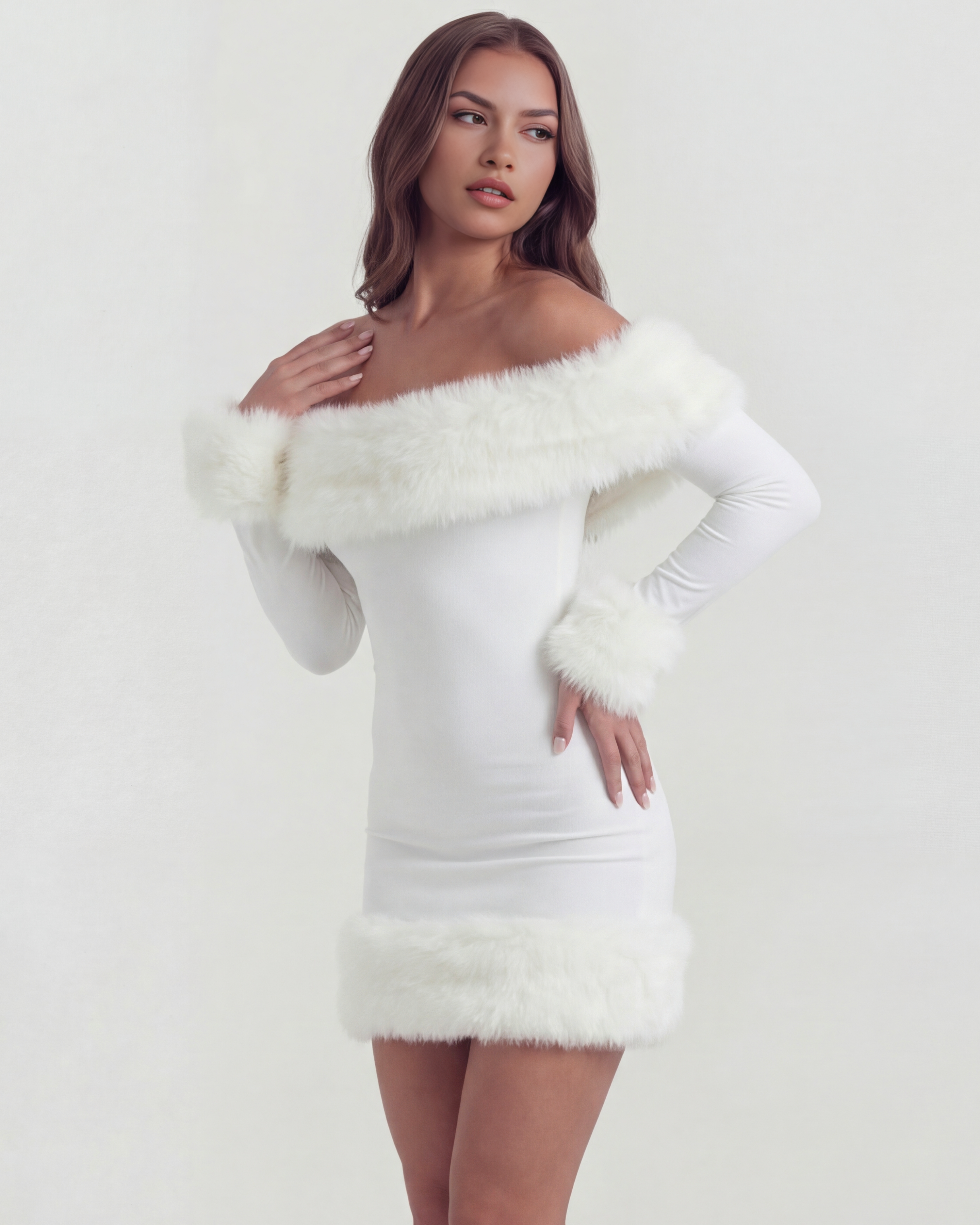Abito mini Bella bianco off-shoulder pelliccia Bella di Roma – look festa invernale